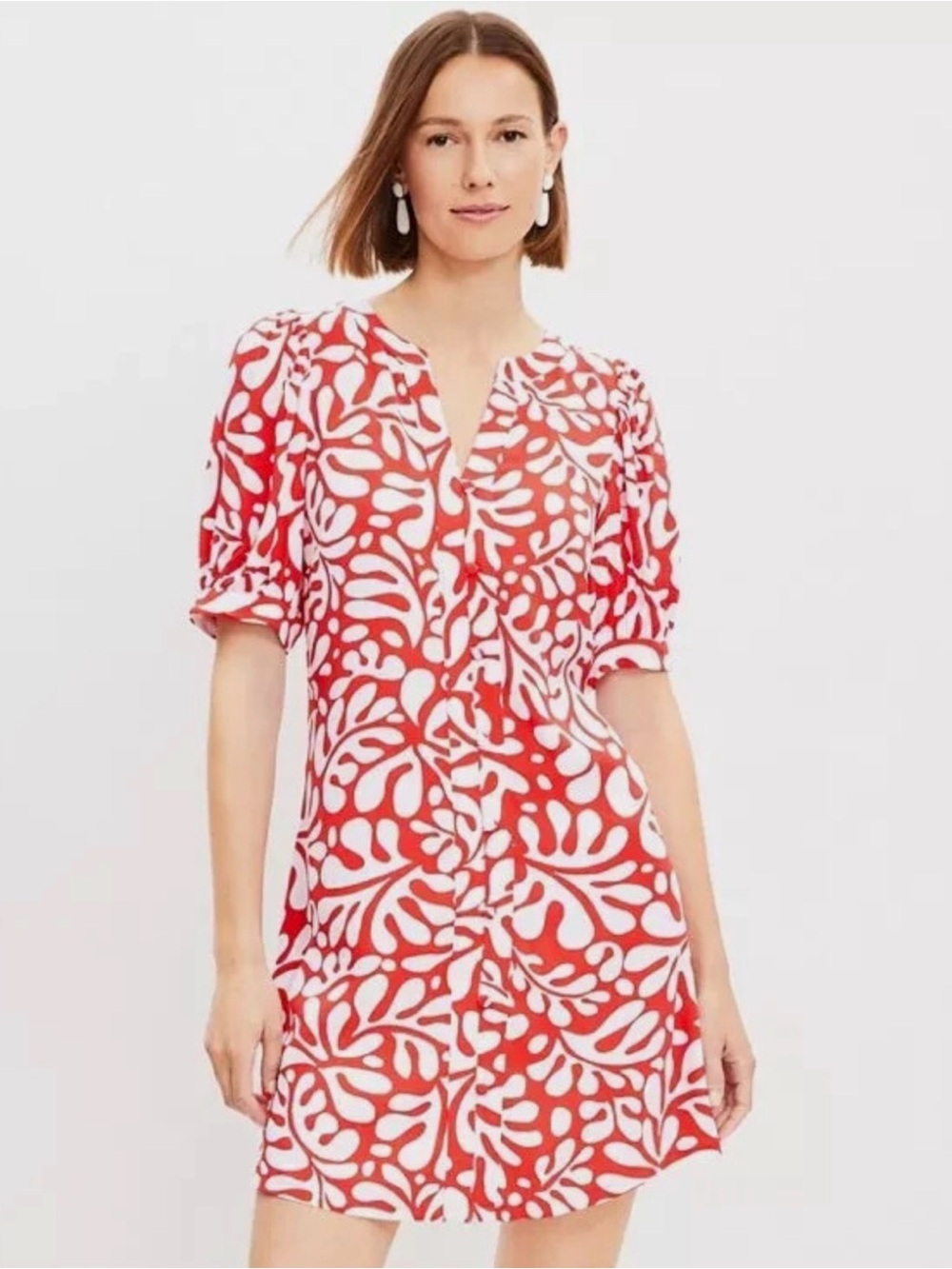 ANN TAYLOR LOFT Rio Floral Balloon Sleeve Button Swing Dress Red